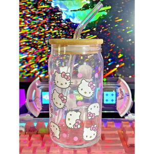 Hello Kitty Glass Tumbler Lid Straw Face Pink Bow Polka Dot Clear 2024 Sanrio